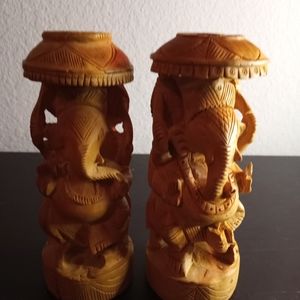 EXQUISITE Handcarved Sandalwood 6" Lord Ganesh Figurine Set of 2.